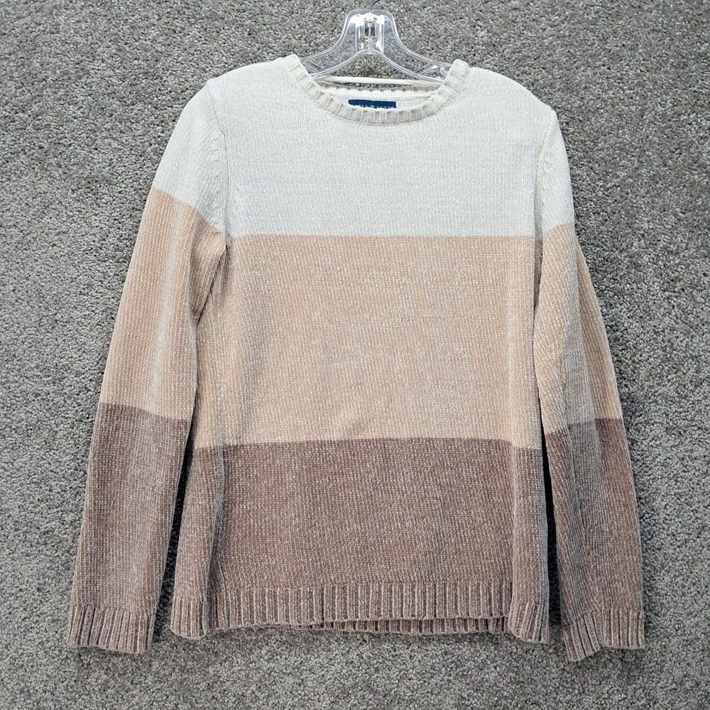 Karen Scott Womens Chenille Colorblock Sweater Tan Brown Medium Long‎ Sleeve